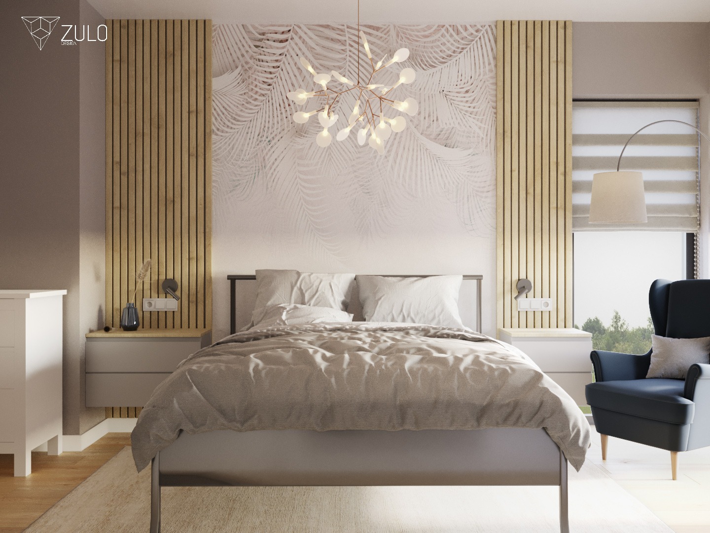 Nowoczesna sypialnia z łóżkiem kontynentalnym, tapetą z motywem liści palmowych i drewnianymi panelami ściennymi, oświetlona lampą wiszącą w kształcie gałęzi.