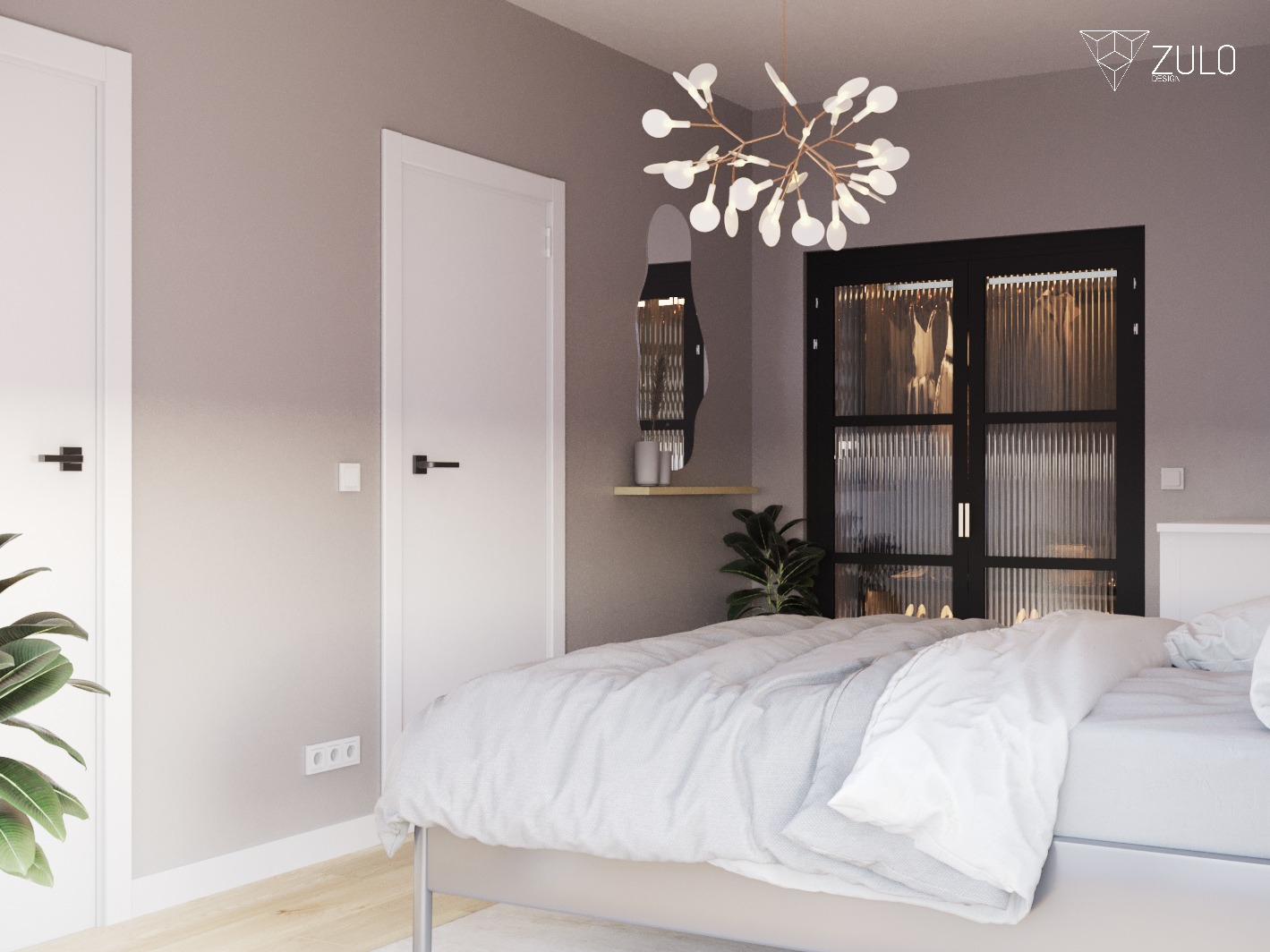 Sypialnia w neutralnych barwach z łóżkiem z białą pościelą, czarnymi drzwiami do garderoby z ryflowanym szkłem, nowoczesną lampą sufitową i owalnym lustrem na ścianie.