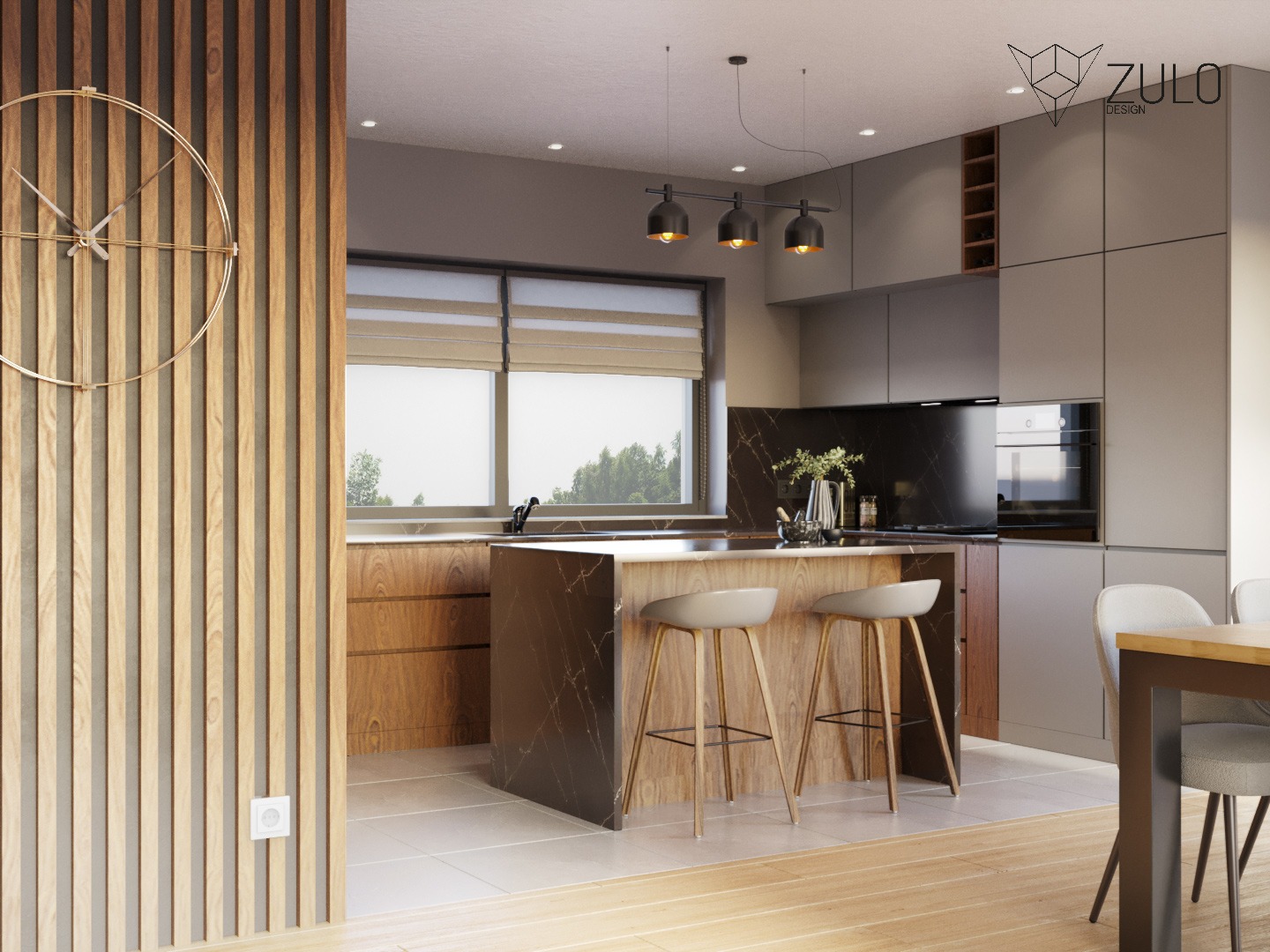 Nowoczesna kuchnia z wyspą wykończoną czarnym marmurem, drewnianymi hokerami i złotym zegarem na ścianie z drewnianych listewek.