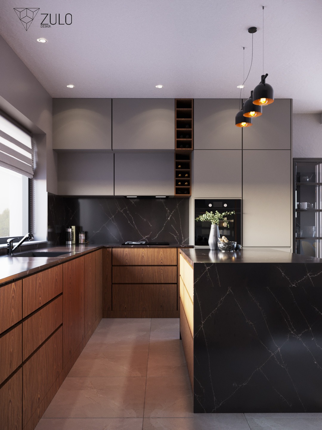Nowoczesna kuchnia z drewnianymi szafkami, czarnym marmurowym blatem i wyspą, oświetlona trzema wiszącymi lampami z żarówkami w stylu retro, oraz półką na wino w zabudowie.