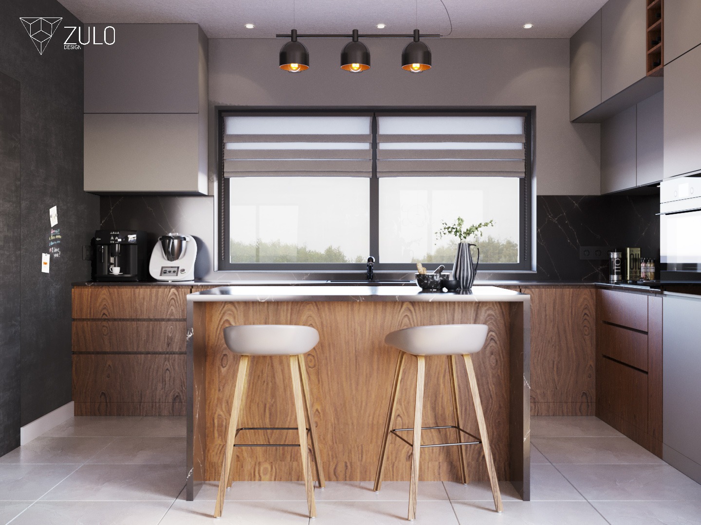 Nowoczesna kuchnia z wyspą, drewnianymi frontami i marmurowym blatem, oświetlona trzema lampami wiszącymi, z widokiem na zieleń za oknem.