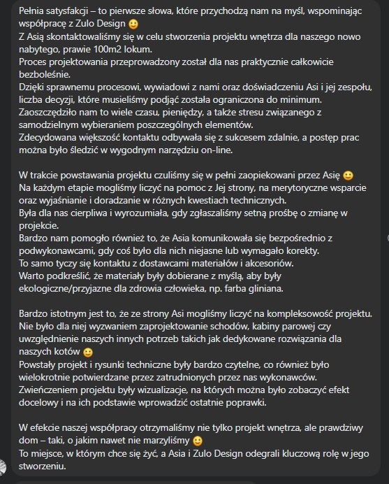 Zrzut ekranu recenzji klienta firmy Zulo Design, opisujący pełną satysfakcję z projektu wnętrza o powierzchni 100m2, z uwzględnieniem ekologicznych materiałów i dedykowanych rozwiązań dla kotów.