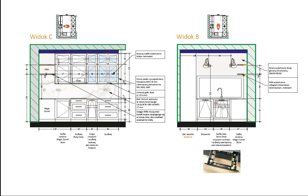 Projekt kuchni: rzut poziomy z wymiarami, widok C prezentuje zabudowę z szafkami górnymi z przeszkleniami i złotymi gałkami, a widok B ukazuje strefę zlewową z oświetleniem punktowym i szafką...