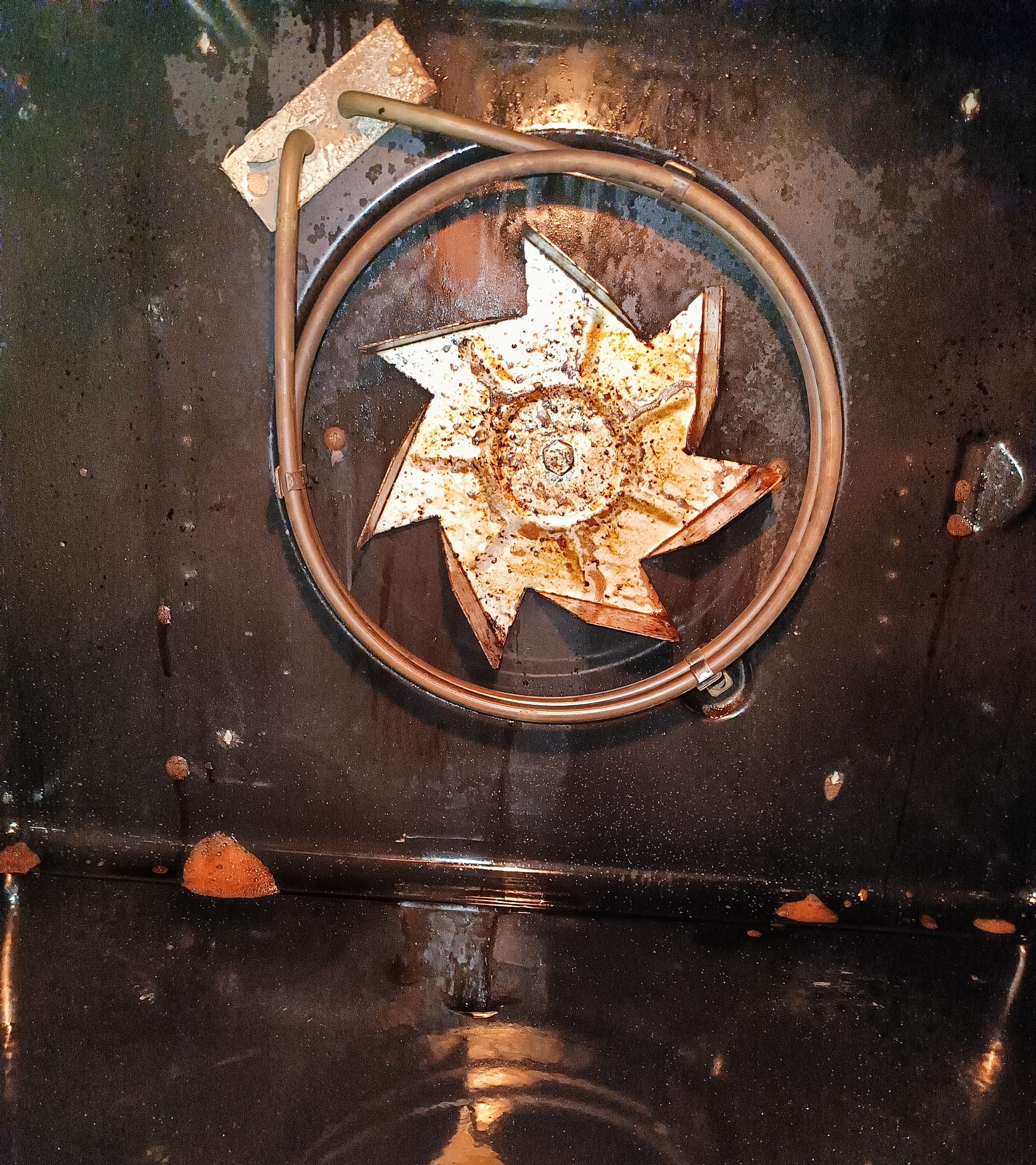 Wnętrze bardzo zabrudzonego piekarnika z widoczną grzałką spiralną i wentylatorem konwekcyjnym pokrytym resztkami jedzenia.