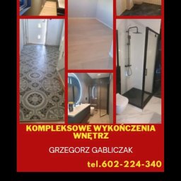 Zakład Usługowo Budowlany Grzegorz Gabliczak - Kolaż prezentujący różnorodne wnętrza po remoncie: salon z szarą ścianą i drewnianą podłogą, łazienka z kabiną prysznicową typu walk-in i umywalką z okrągłym lustrem, korytarz z wzorzystą podłogą...