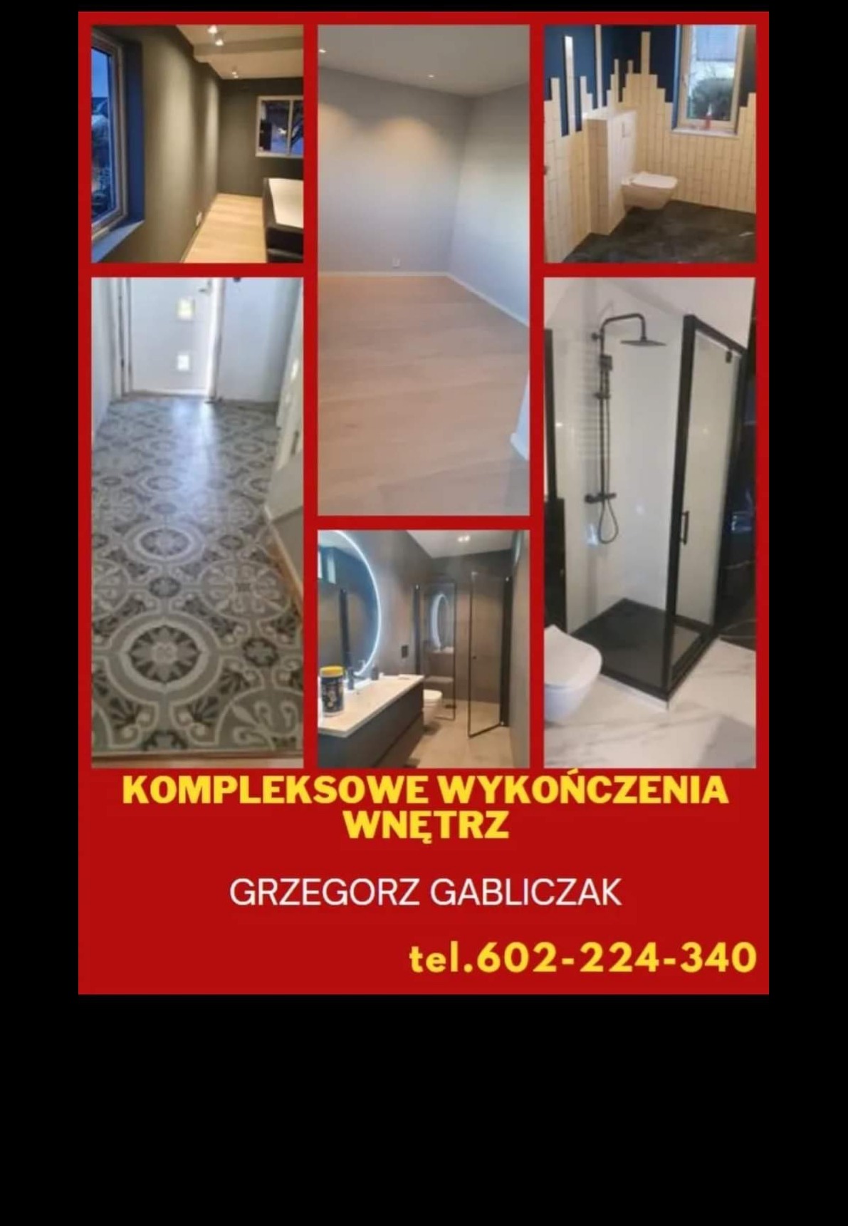 Kolaż prezentujący różnorodne wnętrza po remoncie: salon z szarą ścianą i drewnianą podłogą, łazienka z kabiną prysznicową typu walk-in i umywalką z okrągłym lustrem, korytarz z wzorzystą podłogą...