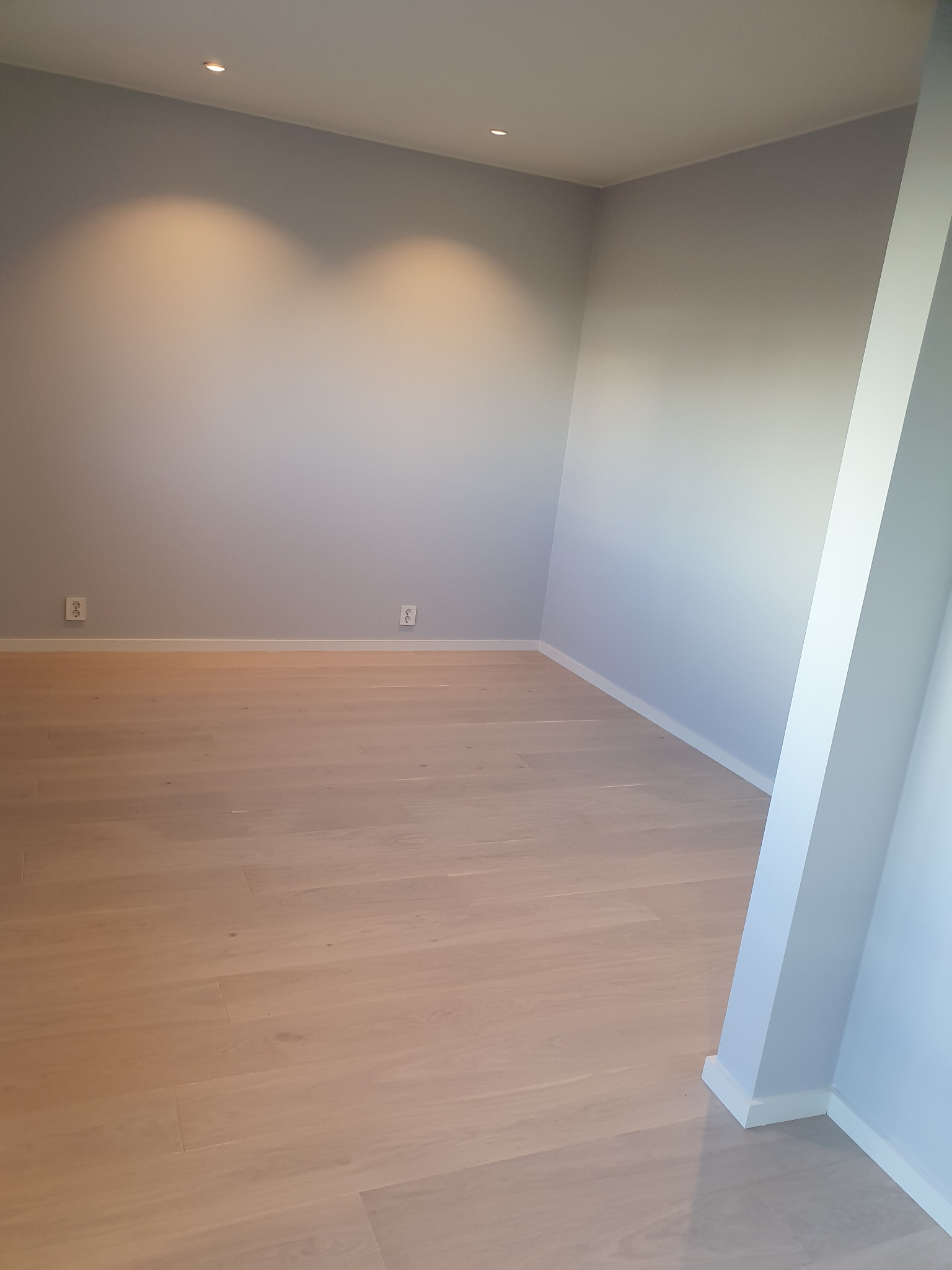 Pomalowane na szaro wnętrze z jasną drewnianą podłogą, widoczne gniazdka elektryczne i oświetlenie punktowe na suficie.