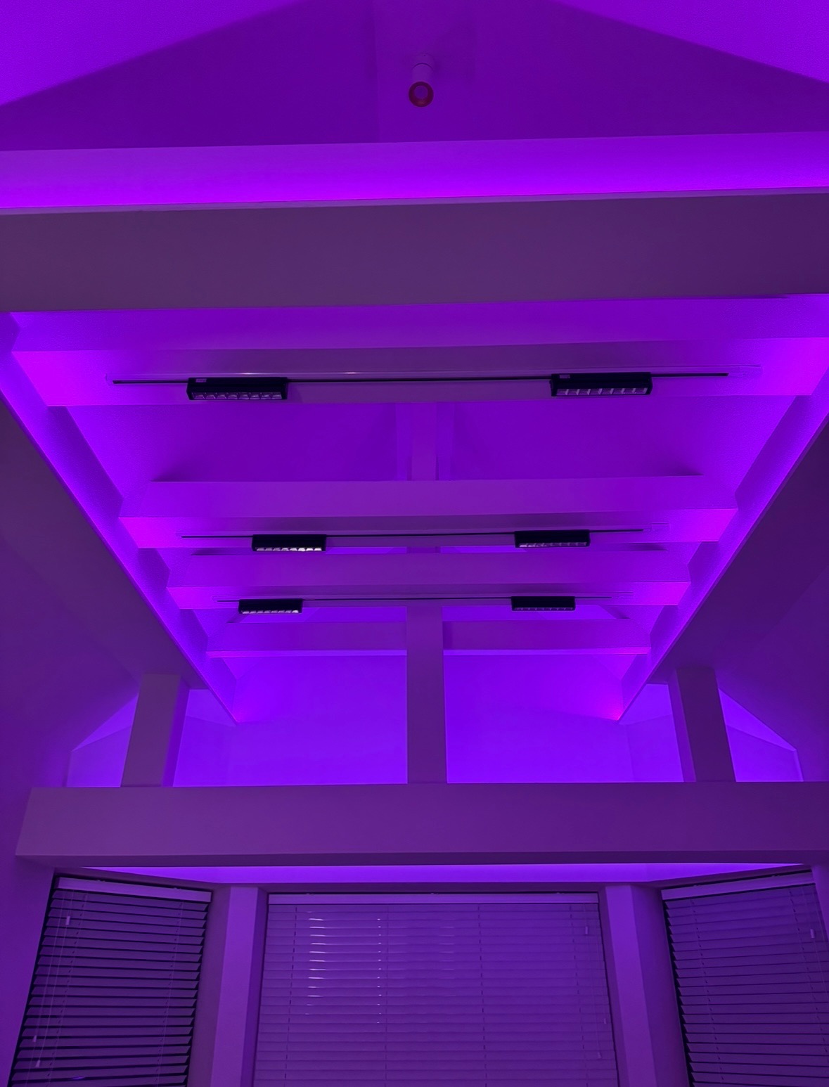 Sufit podwieszany z oświetleniem LED w kolorze fioletowym, widok z dołu na białą konstrukcję z zamontowanymi reflektorami liniowymi i ukrytą taśmą LED, okno z żaluzjami w dolnej części kadru.