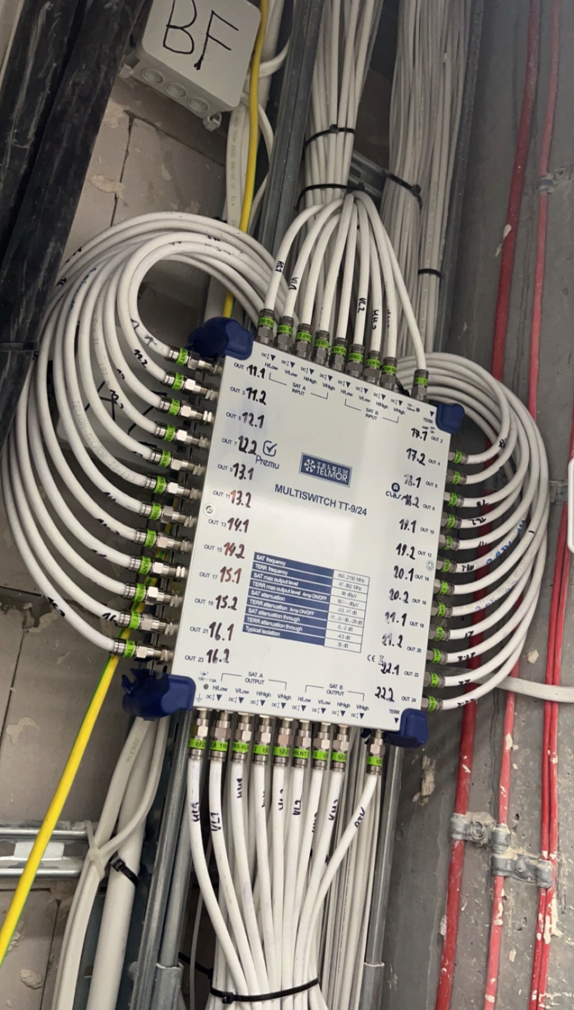 Multiswitch Telmor TT-9/24 z podłączonymi kablami koncentrycznymi, widoczne oznaczenia wyjść i parametry techniczne na obudowie, instalacja w surowym stanie, kable oznaczone numerami VL1, VL2.