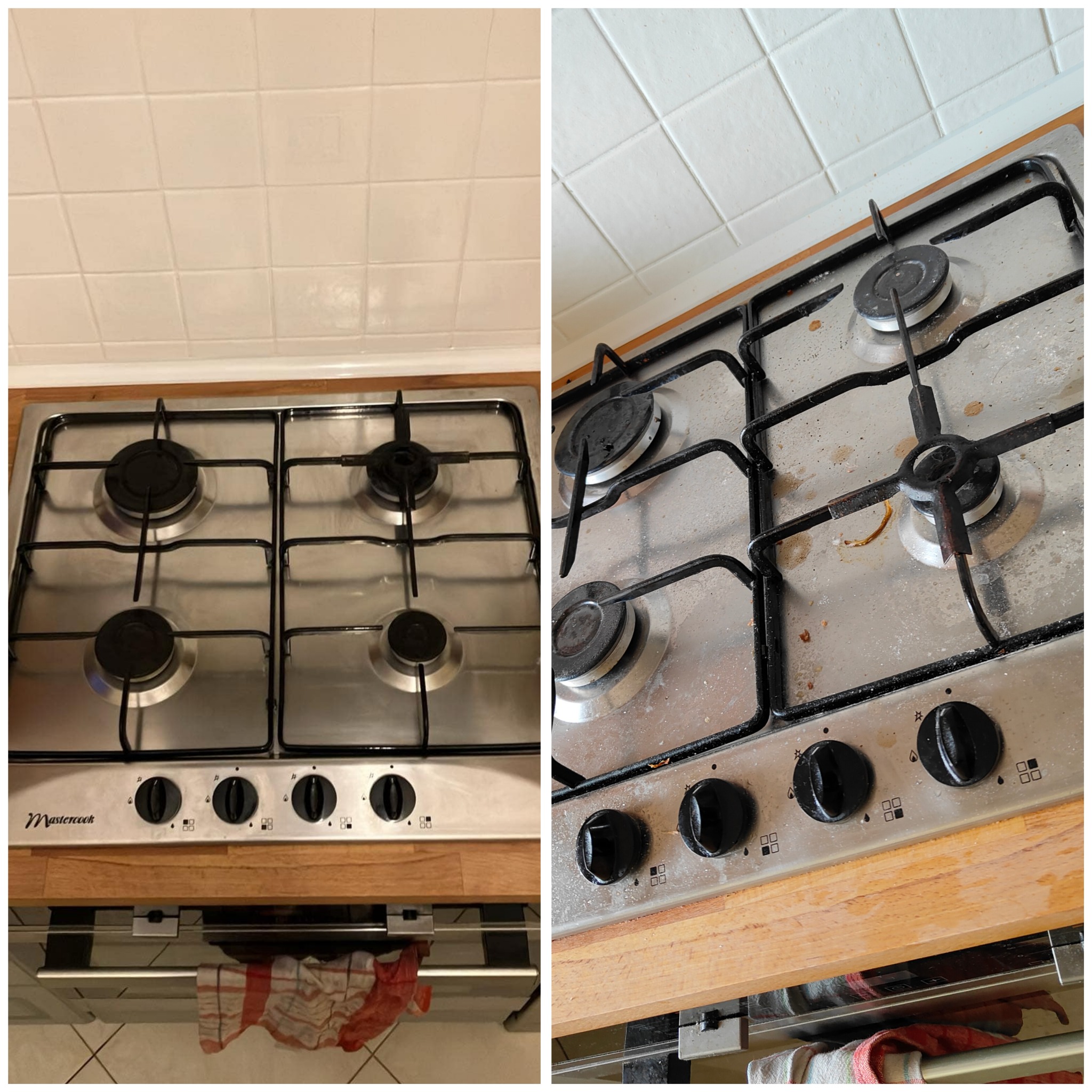 Porównanie stanu kuchenki gazowej Mastercook przed i po czyszczeniu, widoczne różnice w zabrudzeniach na palnikach i powierzchni płyty.