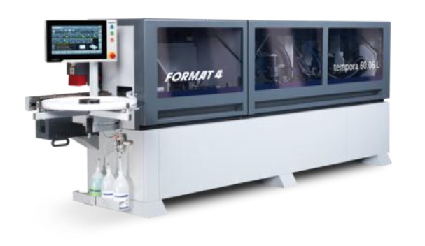 Profesjonalna okleiniarka FORMAT 4 tempora 60.06 L z panelem sterowania i podajnikiem, widoczne butelki z płynami roboczymi.