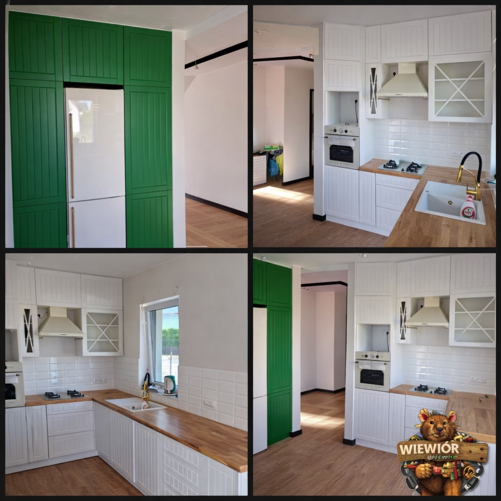 Nowoczesna kuchnia na wymiar: białe szafki z drewnianym blatem, zielona zabudowa lodówki, białe płytki na ścianie. Widok na salon z parkietem i czarnymi listwami.