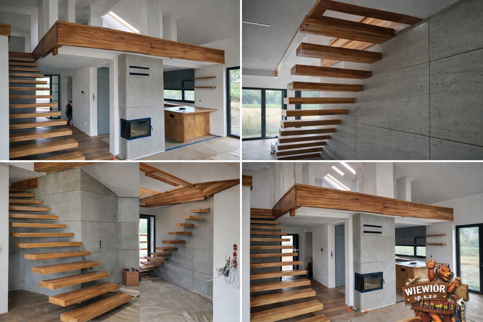 Nowoczesne schody drewniane wspornikowe z elementami betonu architektonicznego, widok z różnych perspektyw. Minimalistyczny design, naturalne drewno, surowy beton.