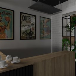 Studio Projektowe Decorfun - Kawiarnia w stylu retro: plakaty z motywem kawy, biała zastawa na drewnianym blacie, regał z roślinami. Nowoczesne wnętrze z akcentami vintage.