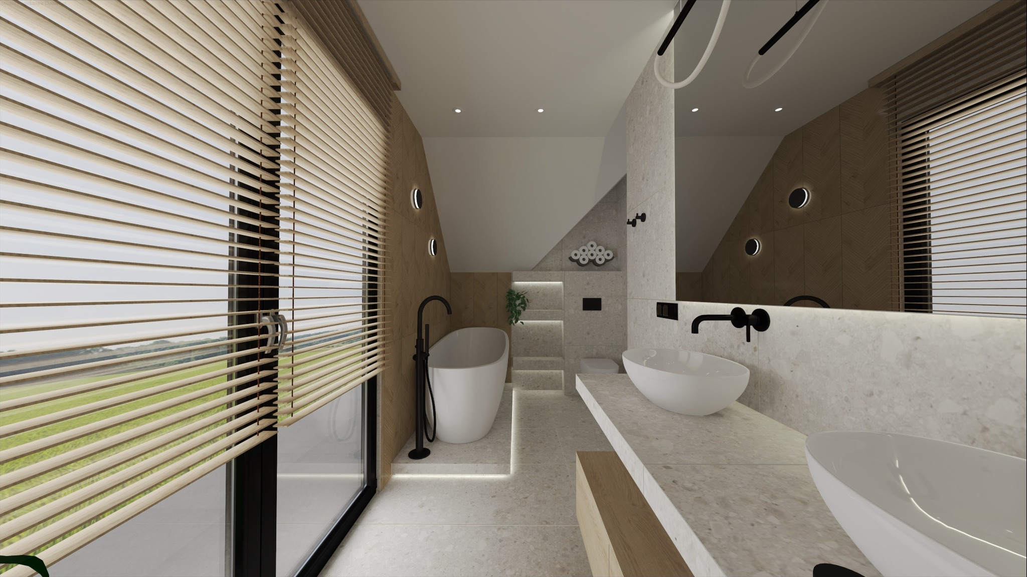 Wizualizacja łazienki na poddaszu z oknem przesłoniętym żaluzjami. Wanna wolnostojąca, dwie umywalki nablatowe, oświetlenie LED. Styl nowoczesny, minimalistyczny.
