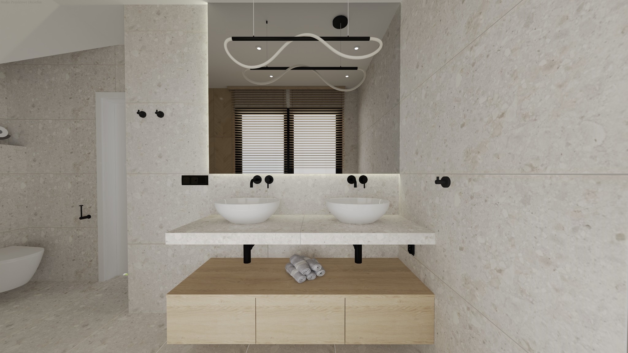 Wizualizacja łazienki w Węgrzcach Wielkich: dwie białe umywalki na blacie z drewnianą szafką, lustro z oświetleniem. Minimalistyczny design z szarymi płytkami.