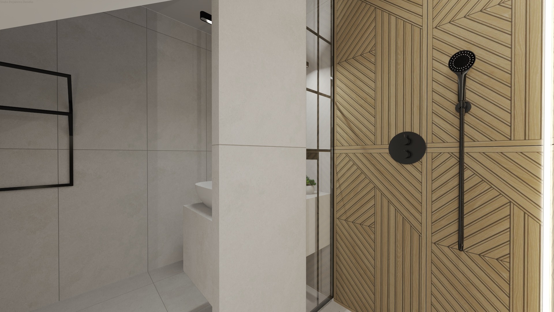 Nowoczesna łazienka z drewnianą ścianą prysznicową o geometrycznym wzorze, czarną armaturą i minimalistyczną umywalką na tle szarych płytek.