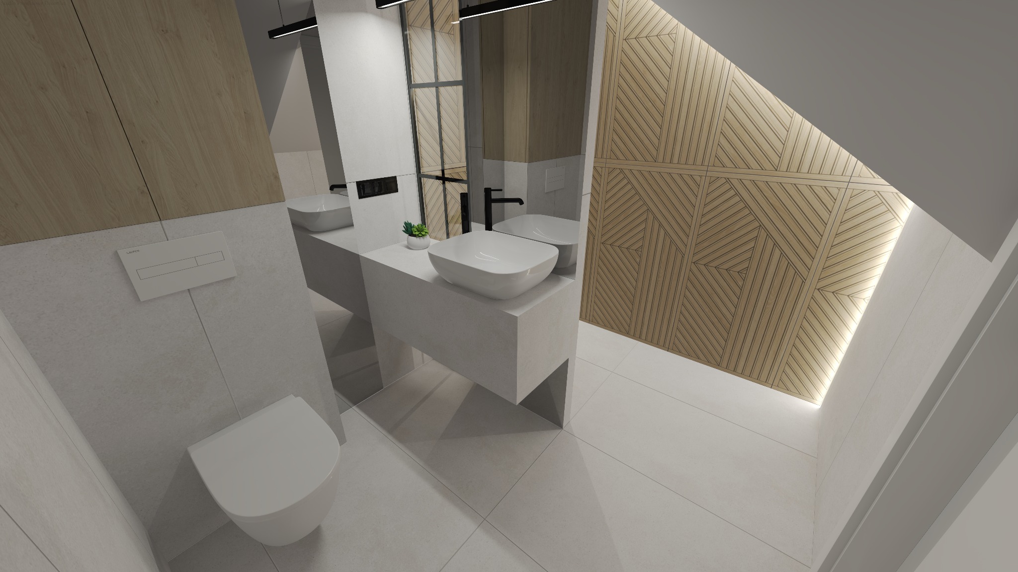 Nowoczesna łazienka na poddaszu z drewnianą ścianą dekoracyjną, białą ceramiką i minimalistyczną armaturą. Umywalki nablatowe, subtelne oświetlenie.