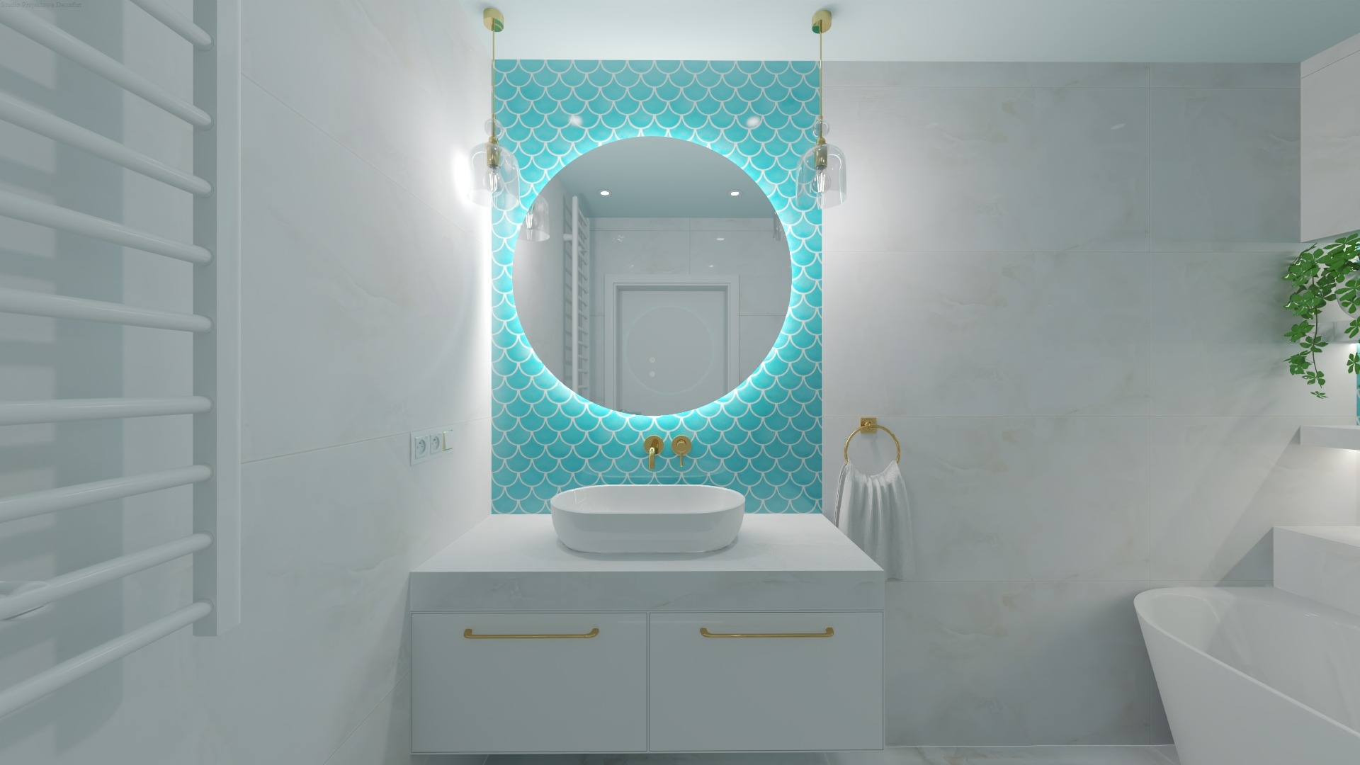 Nowoczesna łazienka z okrągłym lustrem podświetlonym na turkusowo, umywalką nablatową i białymi płytkami imitującymi marmur. Złote akcenty w postaci uchwytów i wieszaka na ręcznik.