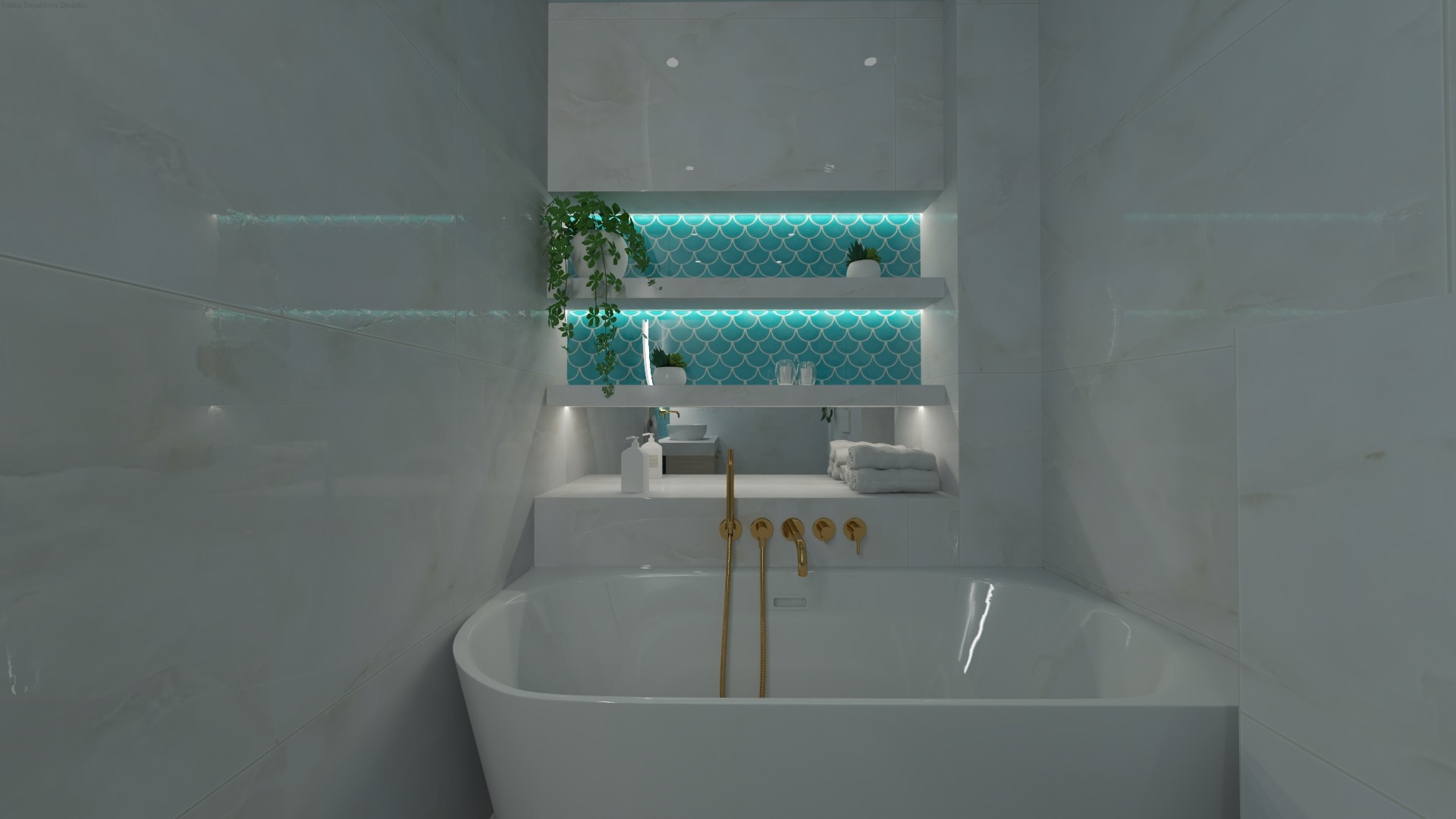 Nowoczesna łazienka z białą wanną, złotą armaturą i turkusowymi płytkami w kształcie rybiej łuski podświetlonymi LED, tworzącymi unikalny akcent dekoracyjny.
