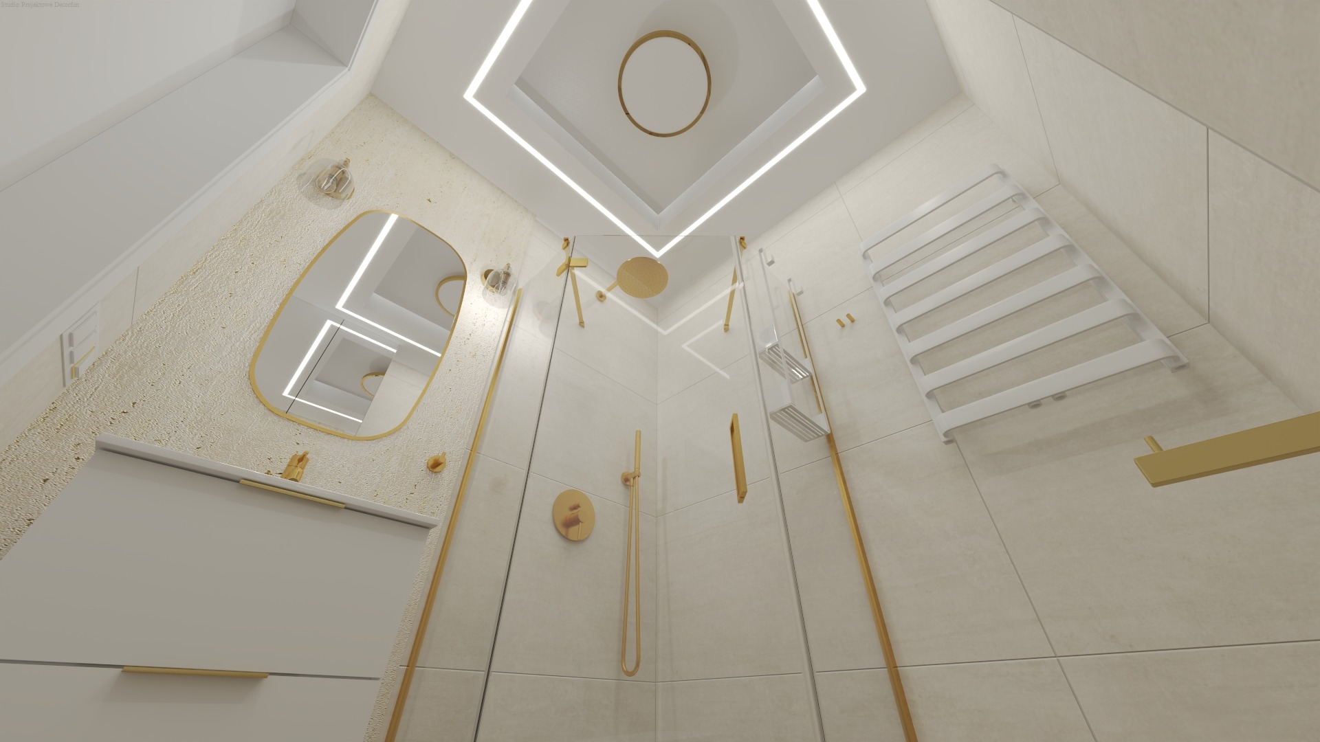 Nowoczesna łazienka z kabiną prysznicową typu walk-in, złote akcenty, lustro o nieregularnym kształcie i oświetlenie sufitowe. Minimalistyczny design.