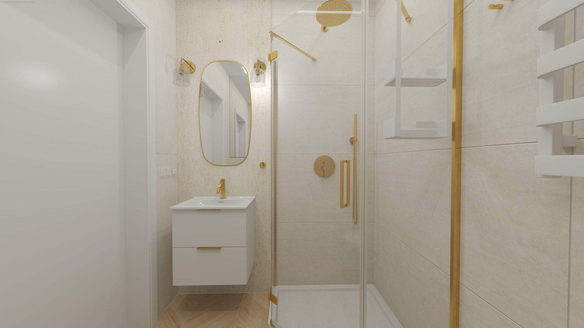 Elegancka łazienka z kabiną prysznicową, umywalką i lustrem w złotych ramach. Beżowe płytki i drewniana podłoga tworzą ciepły, nowoczesny klimat.