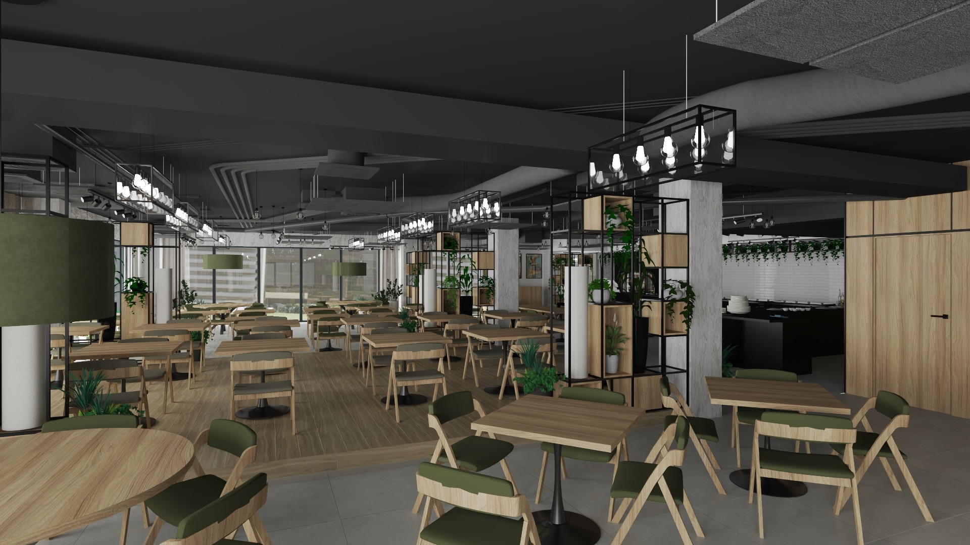 Wnętrze przestronnej restauracji z drewnianymi stołami i krzesłami w odcieniach zieleni, oświetlone nowoczesnymi lampami. Widoczne rośliny doniczkowe i duże okna.