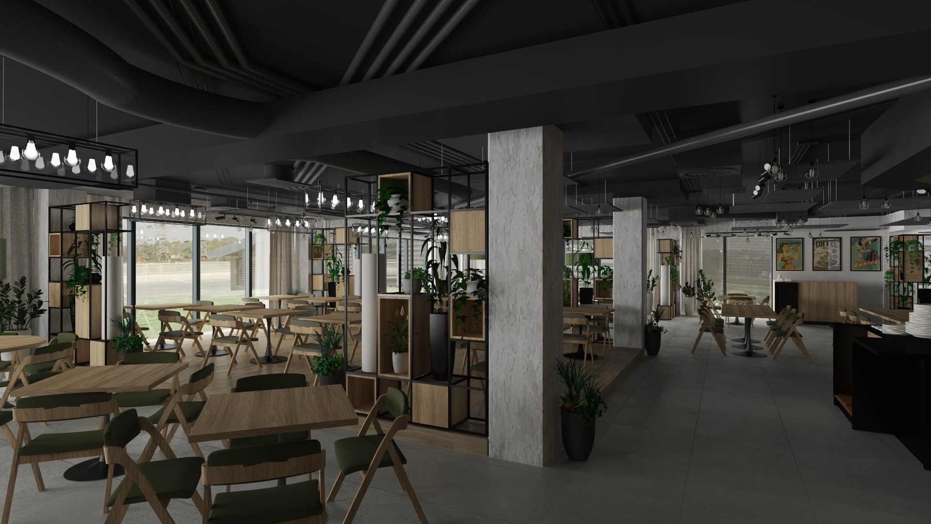 Wnętrze kawiarni lub restauracji z drewnianymi stolikami i krzesłami, roślinami w donicach i dekoracyjnymi regałami. Widoczne betonowe kolumny i oświetlenie sufitowe.