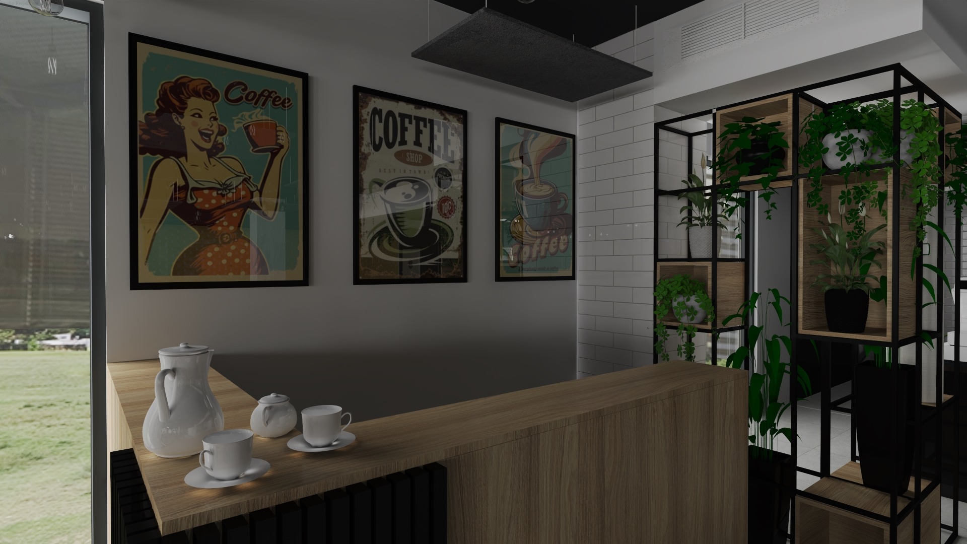 Kawiarnia w stylu retro: plakaty z motywem kawy, biała zastawa na drewnianym blacie, regał z roślinami. Nowoczesne wnętrze z akcentami vintage.