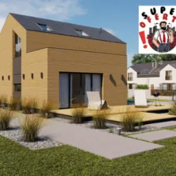 Wizualizacja nowoczesnego domu z drewnianą elewacją, tarasem i ogrodem, z logo 'Super Oferta' w prawym górnym rogu.