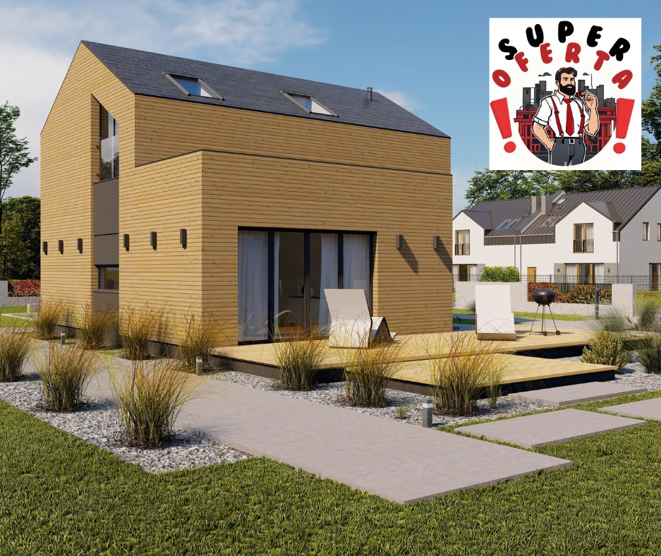 Wizualizacja nowoczesnego domu z drewnianą elewacją, tarasem i ogrodem, z logo 'Super Oferta' w prawym górnym rogu.