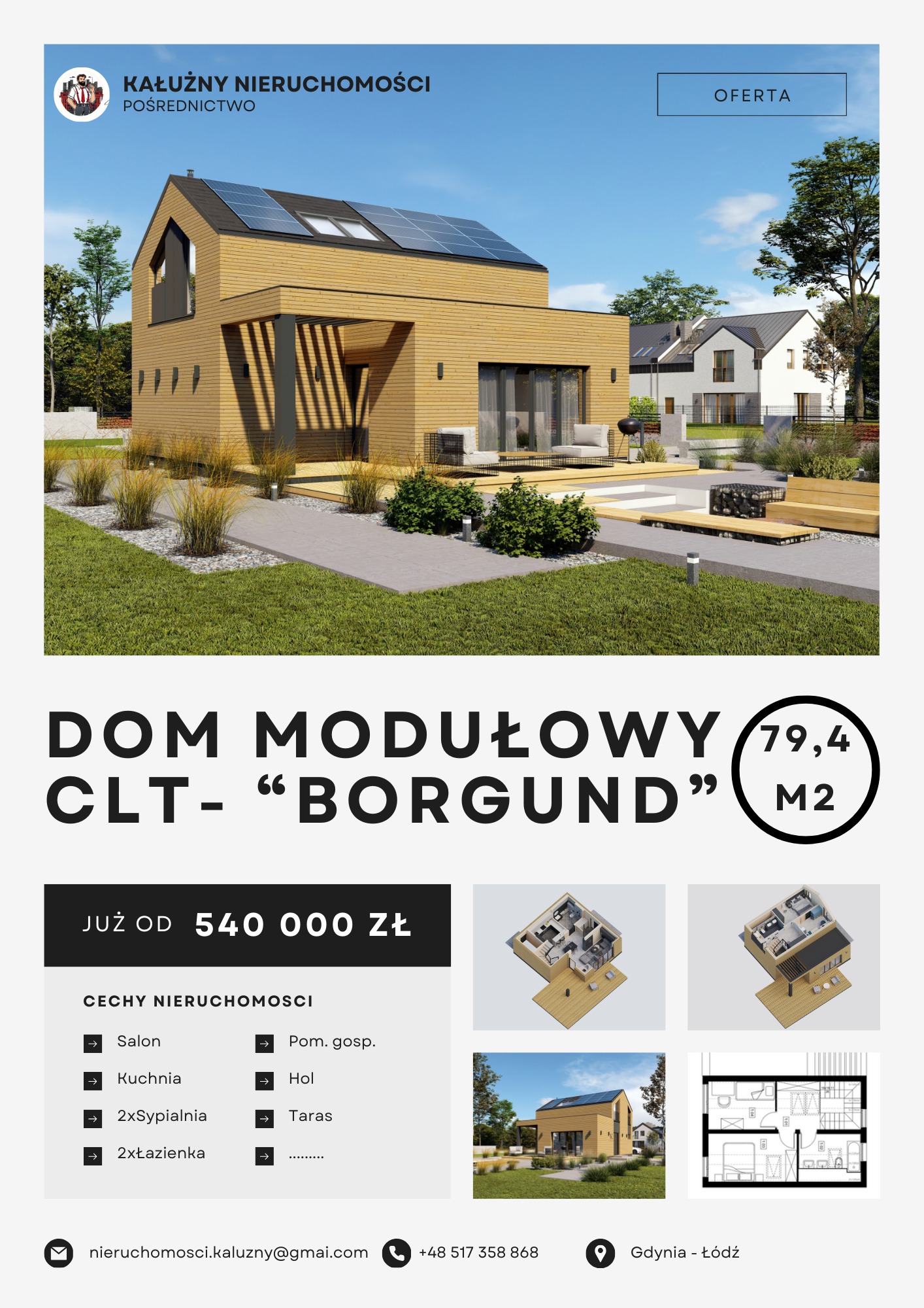 Wizualizacja zewnętrzna nowoczesnego domu modułowego z panelami słonecznymi na dachu, drewnianą elewacją i tarasem z meblami ogrodowymi, na tle zadbanego trawnika i innych budynków.