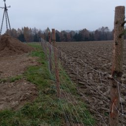 Daniel Sobczyk - Wiejska sceneria: świeżo postawione, drewniane ogrodzenie z siatką na granicy zaoranego pola, z kopcem ziemi i słupem energetycznym w tle, w pochmurny dzień.