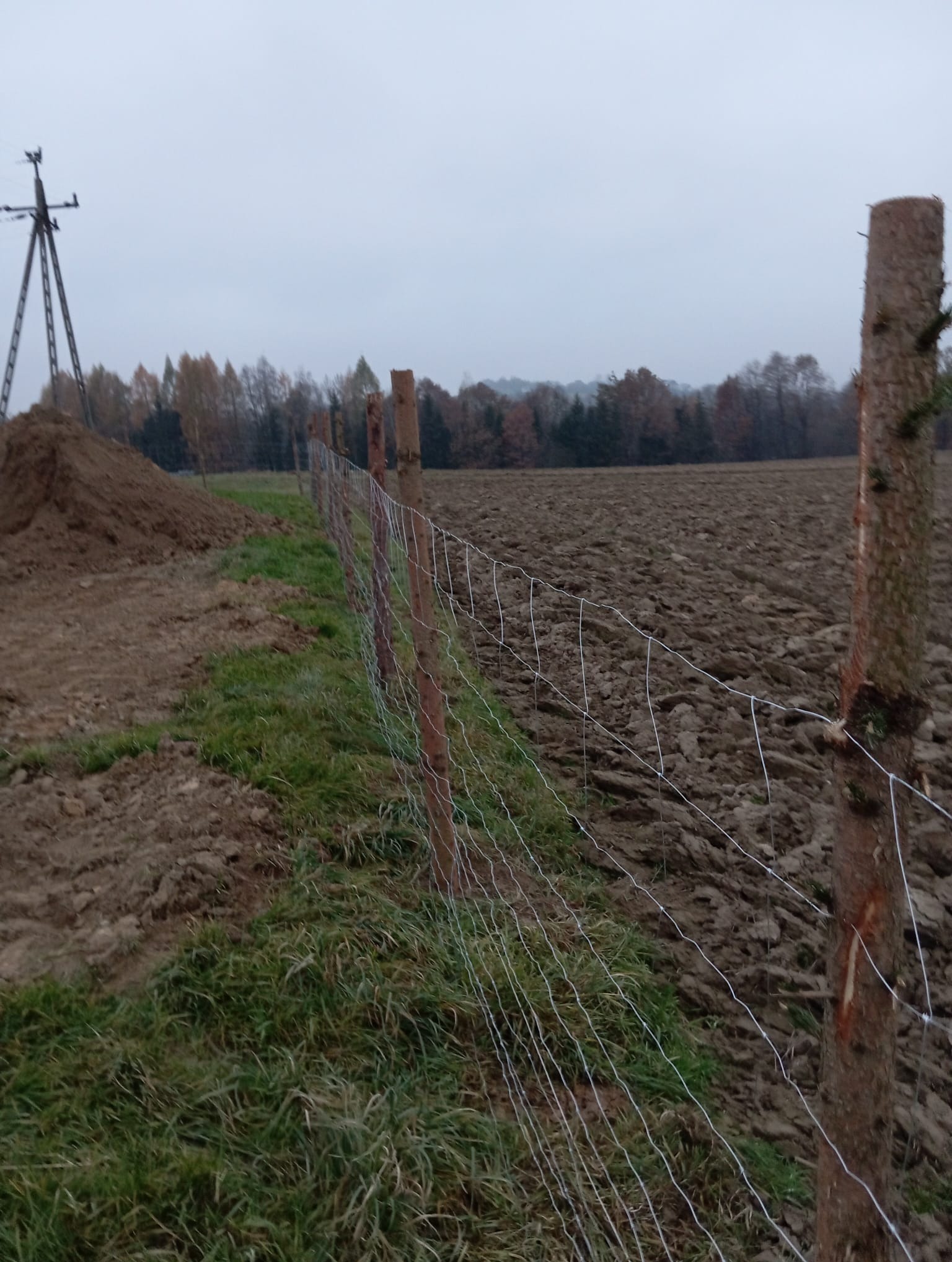 Wiejska sceneria: świeżo postawione, drewniane ogrodzenie z siatką na granicy zaoranego pola, z kopcem ziemi i słupem energetycznym w tle, w pochmurny dzień.