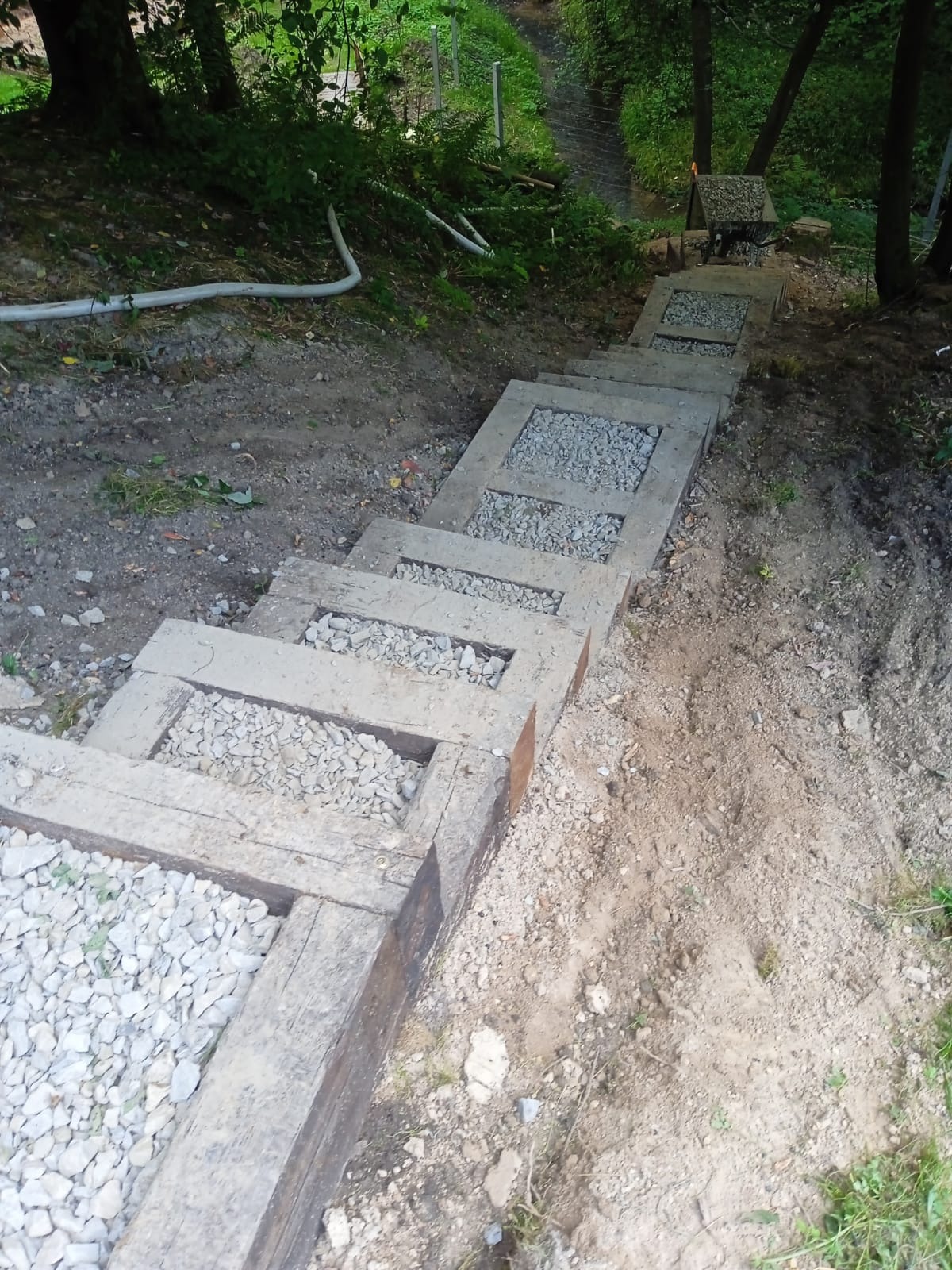 Drewniane schody z wypełnieniem z kamieni, prowadzące w dół po zboczu, otoczone zielenią. Widok z góry, ukazujący konstrukcję i naturalne otoczenie.