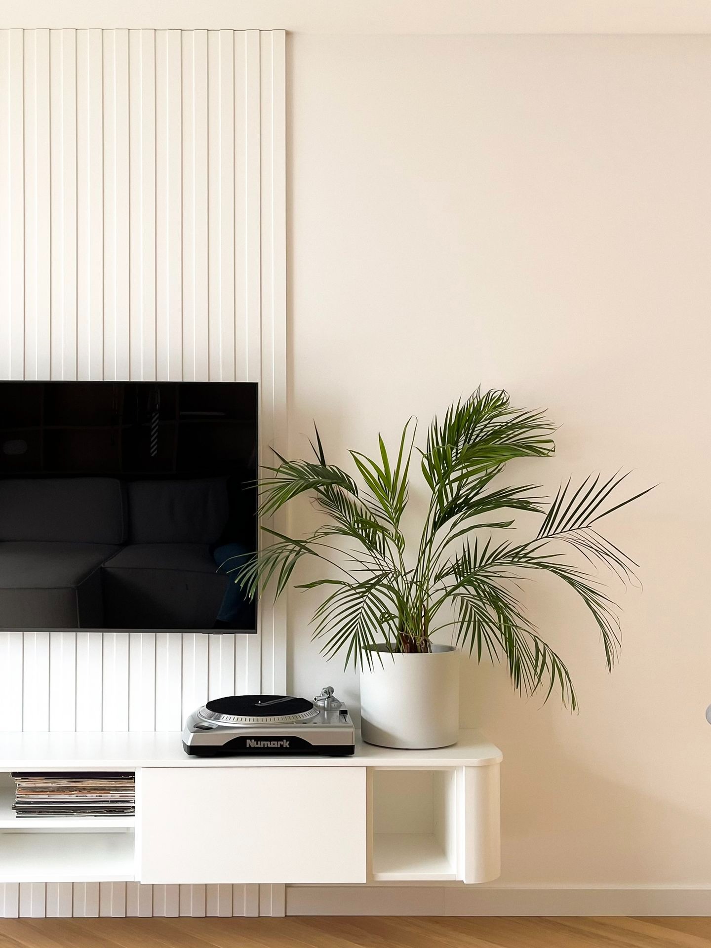 Nowoczesny salon z białą szafką RTV, gramofonem Numark, palmą w doniczce i panelem ściennym z pionowych listewek.