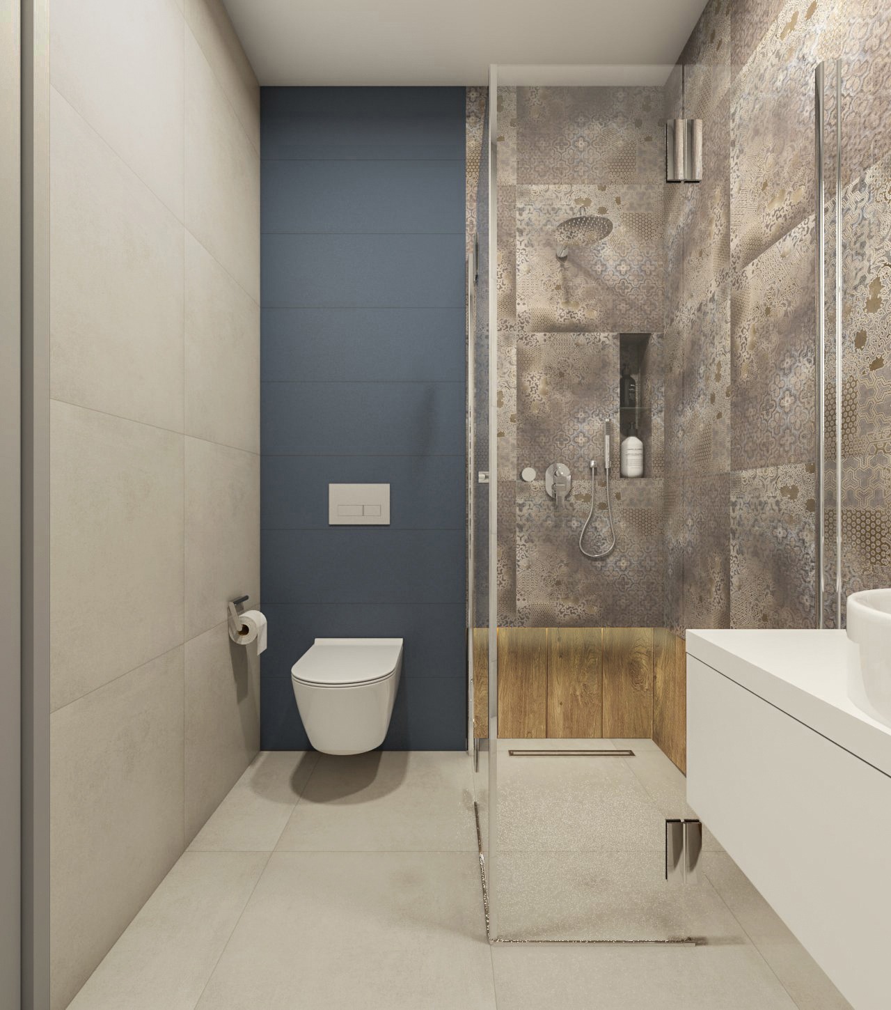 Nowoczesna łazienka z kabiną prysznicową typu walk-in, toaletą podwieszaną na tle ściany w kolorze granatowym i umywalką na szafce, wykończona płytkami w odcieniach beżu i brązu z wzorzystym motywem.
