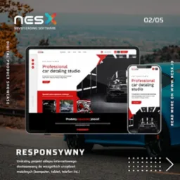 Responsywny projekt strony internetowej 'Professional car detailing studio' wyświetlony na ekranie tabletu i smartfona, z widocznym logo NESX w tle krajobrazu.