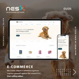 Prezentacja responsywnego sklepu internetowego z akcesoriami i karmą dla zwierząt, wyświetlanego na tablecie i smartfonie, z ilustracją golden retrievera na stronie głównej.