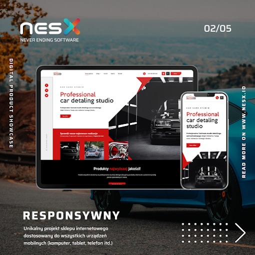Responsywny projekt strony internetowej 'Professional car detailing studio' wyświetlony na ekranie tabletu i smartfona, z widocznym logo NESX w tle krajobrazu.