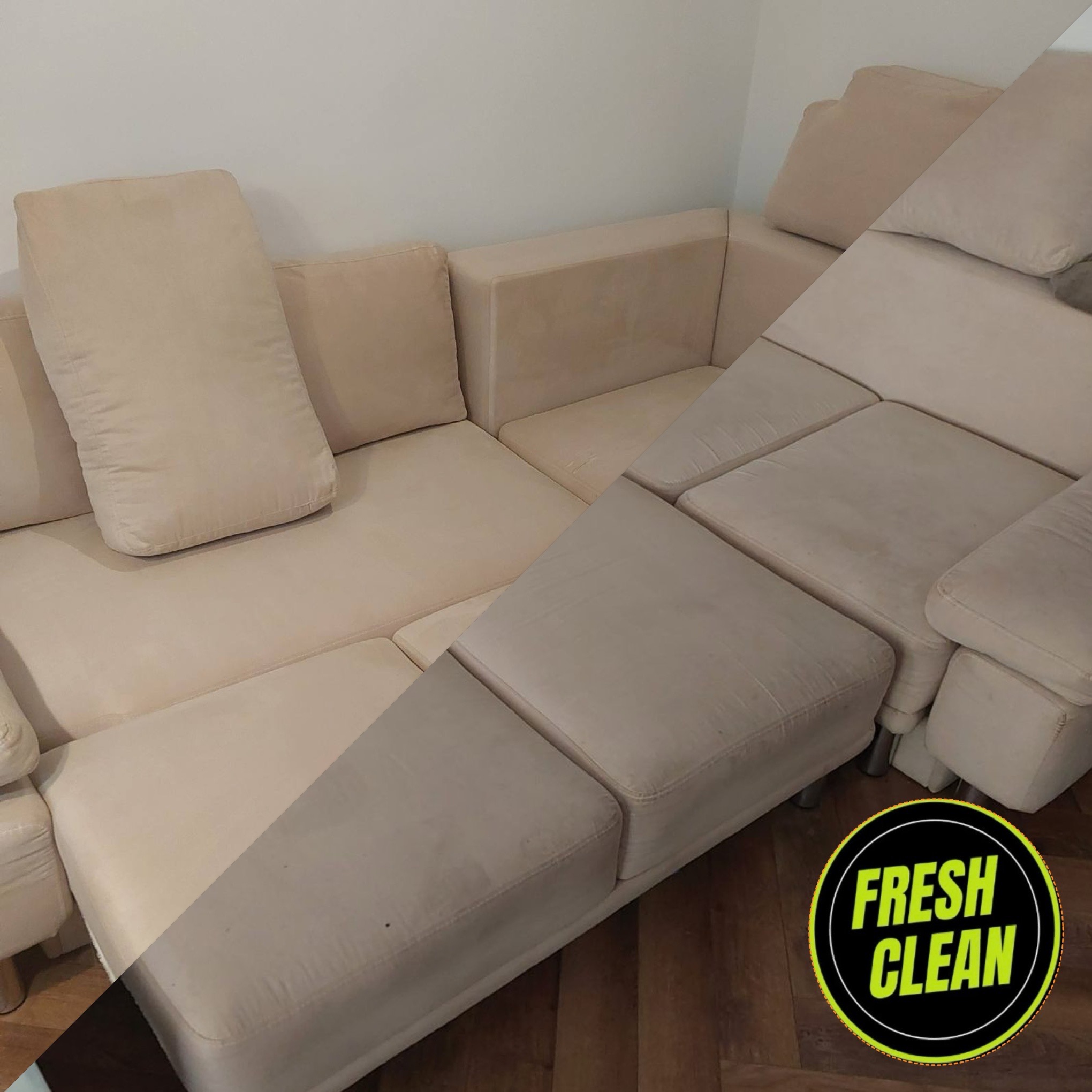 Beżowa narożna kanapa z widoczną różnicą w czystości tapicerki, prezentująca efekt przed i po czyszczeniu, z logotypem 'FRESH CLEAN' w prawym dolnym rogu.
