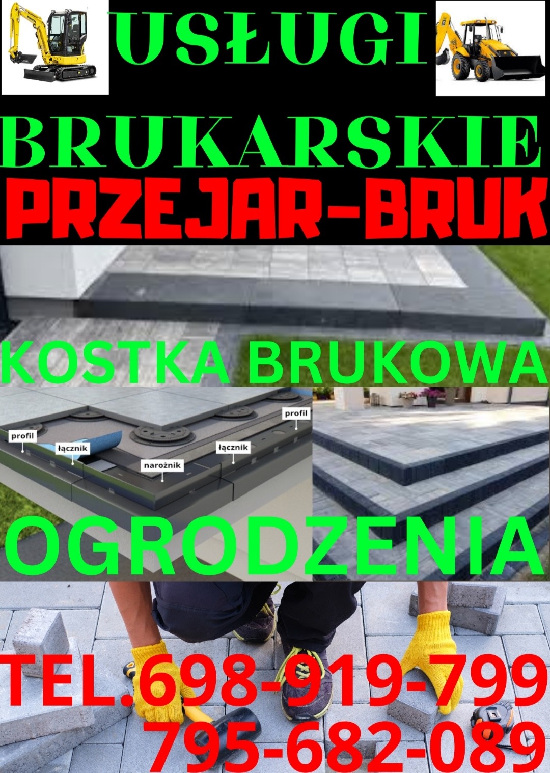 Prace brukarskie i montaż ogrodzeń: wizualizacja przekroju kostki, fragmenty realizacji schodów i układania kostki, numery telefonów kontaktowych.