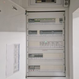 Dawid Górnicki - Otwarta szafa rozdzielcza z widocznymi bezpiecznikami, wyłącznikami i listwą zasilającą na białej ścianie.