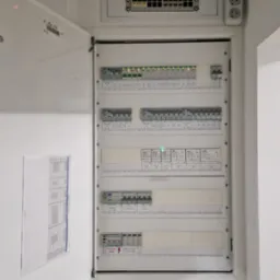 Otwarta szafa rozdzielcza z widocznymi bezpiecznikami, wyłącznikami i listwą zasilającą na białej ścianie.