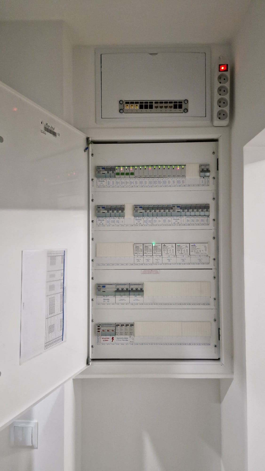 Otwarta szafa rozdzielcza z widocznymi bezpiecznikami, wyłącznikami i listwą zasilającą na białej ścianie.