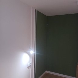 Małgorzata Grzesik MAL - BUD - Pomieszczenie po malowaniu: biała ściana z gniazdkiem i ciemnozielona ściana w rogu, listwy przypodłogowe i jasna podłoga. Oświetlenie punktowe.