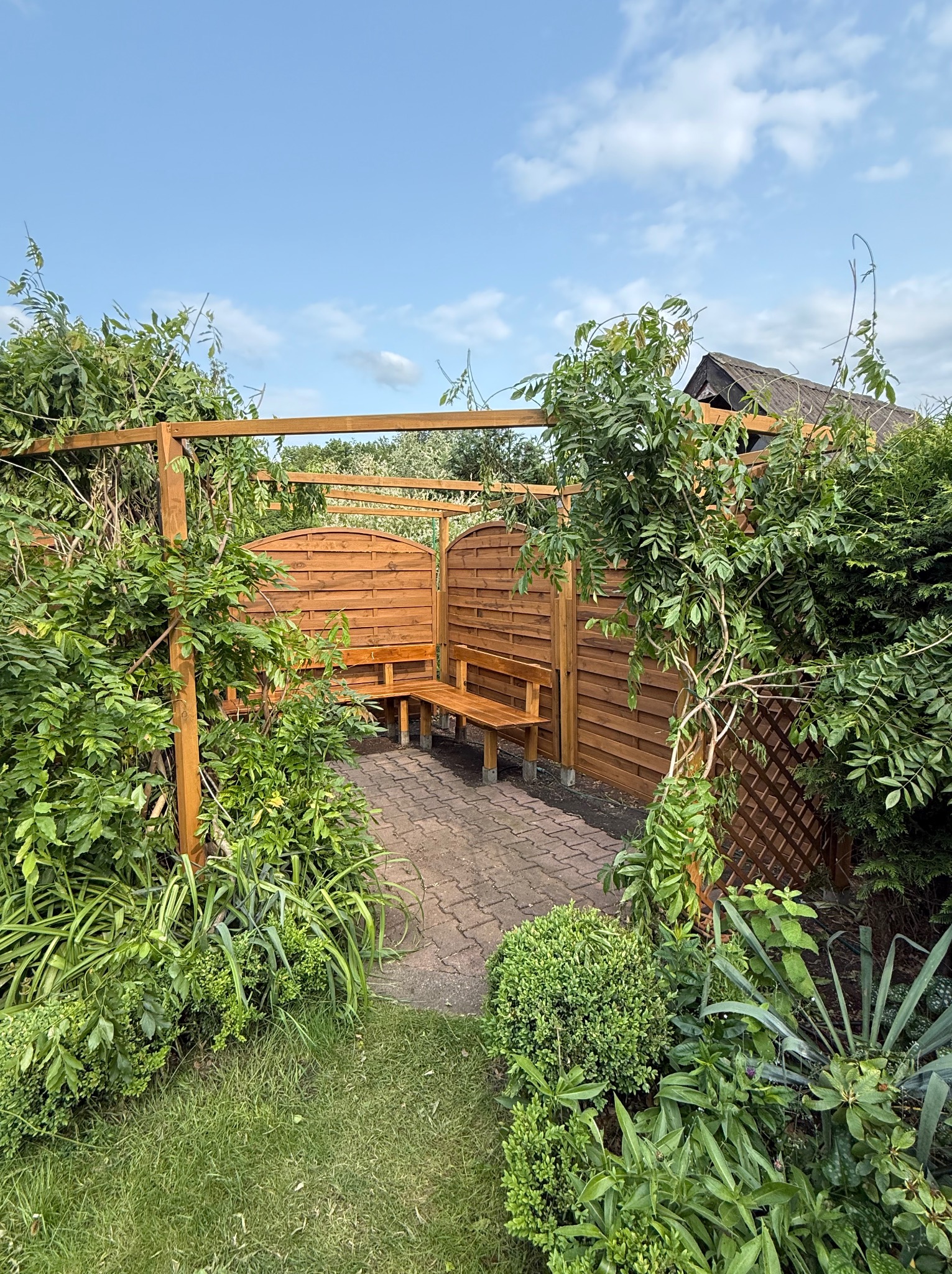 Drewniana altana z ławką, porośnięta zielenią, na tle błękitnego nieba. Ścieżka z kostki brukowej prowadzi do wnętrza. Urokliwe miejsce w ogrodzie.
