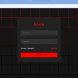 Ekran logowania do aplikacji internetowej z polami Username i Password, czerwonym napisem SIGN IN i czerwonym przyciskiem Login na tle czarnej siatki z czerwonymi liniami.