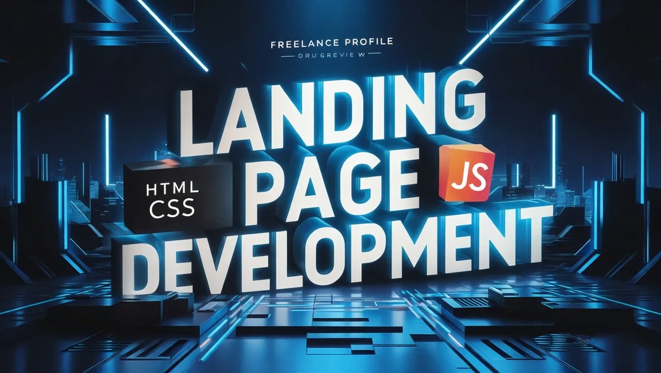 Grafika 3D prezentująca napis 'Landing Page Development' z kostkami HTML CSS i JS, na tle futurystycznego miasta i neonowych świateł, promująca profil freelancera.