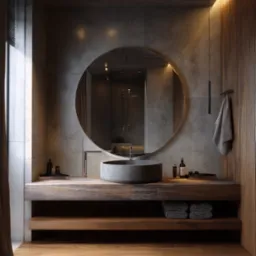 Nowoczesna łazienka z okrągłym lustrem, kamienną umywalką i drewnianymi akcentami. Minimalistyczny design z ciepłym oświetleniem i surowymi betonowymi ścianami.
